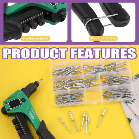 All In One Go-To Rivet Kit With Aluminum Blind Rivets And Manual Gun, 121 Pcs In 3/32 Inch, 1/8 Inch, 5/32 Inch, 3/16 Inch Sizes displayed