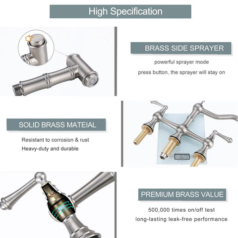 Specifications of 8 Inch Centerset Bridge Kitchen Faucet With Brass Side Sprayer, Brushed Nickel Finish