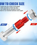 Nut and bolt thread checker with red central gauge and silver bolt and nut for size checking.