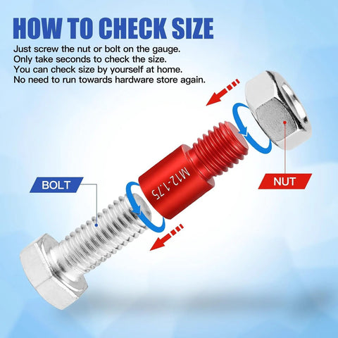 Nut and bolt thread checker with red central gauge and silver bolt and nut for size checking.
