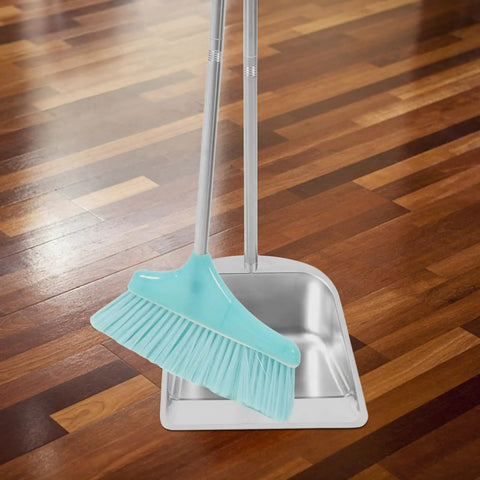 Heavy Duty Broom And Dustpan Set With Stand Up Broom Stainless Steel Anti Wind Dustpan For Home And Office Cleaning Easy Breezy Storage Lightweight And Durable For Quick Cleanups, broom and dustpan on wood floor