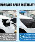 Before and after installation of Beat The Elements EV Charger Cover For Chevy Blazer EV protecting charging port from rain.