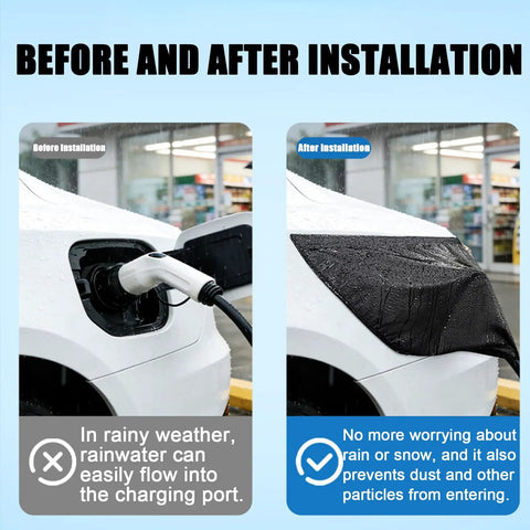 Before and after installation of Beat The Elements EV Charger Cover For Chevy Blazer EV protecting charging port from rain.