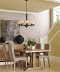 Venetian Bronze Chandelier With Arching Linear Arms And Square Etched Glass in dining area, 27 Inch Diameter, 30 Inch Height