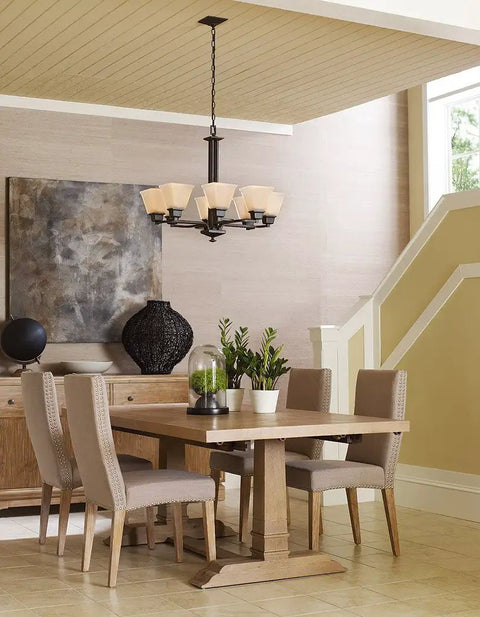 Venetian Bronze Chandelier With Arching Linear Arms And Square Etched Glass in dining area, 27 Inch Diameter, 30 Inch Height