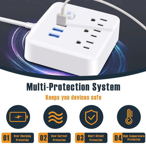 Power Strip With USB Ports And 3 Outlets Flat Plug Desktop Charging Station for Dorm Home Office Travel UL Listed White