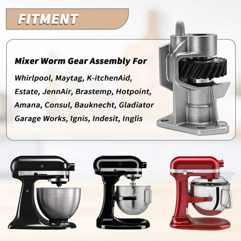 Silver worm gear assembly next to black and red stand mixers, Stand Mixer Worm Gear And Bracket Kit Replacement For Whirlpool Maytag KitchenAid