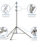 Diagram of 7.2Ft Stainless Steel Light Stand With Spring Cushioned Heavy Duty Build For Strobes, showing features and screw adapter