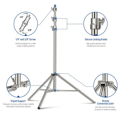 Diagram of 7.2Ft Stainless Steel Light Stand With Spring Cushioned Heavy Duty Build For Strobes, showing features and screw adapter