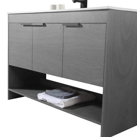 Slick 48 Inch Bathroom Vanity With Built In Sink And Modern Silhouettes Featuring Buttery Smooth Soft Close Doors and Spacious Storage Drawers.
