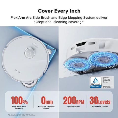 Zero Tangling Brushes Robot Vacuum And Mop with Self Cleaning Dock showing FlexiArm and spinning mop pads in motion.