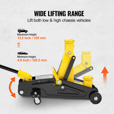 Low Profile 2 Ton Floor Jack For Cars Heavy Duty Iron Hydraulic Car Jack With Quick Lift Pump 4.9 To 13.2 Inch Lift Range Single Piston Yellow Finish