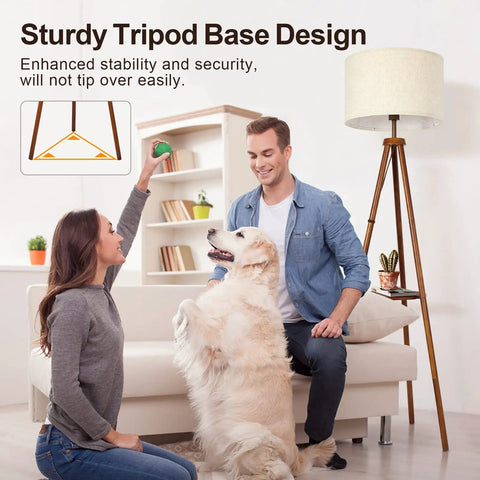 Wood Tripod Floor Lamp With Shelves, Dimmable LED Modern Floor Lamp With Remote Memory Function beside couple and dog