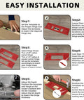 Instructions for using upgraded door jamb hinge jig with red finish and adjustable guides, demonstrating precise hinge installation.