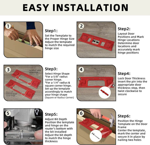 Instructions for using upgraded door jamb hinge jig with red finish and adjustable guides, demonstrating precise hinge installation.