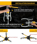 Installation diagram for Heavy Duty Hydraulic Gear Puller Plus Wheel Bearing Separator showing vertical and horizontal use.