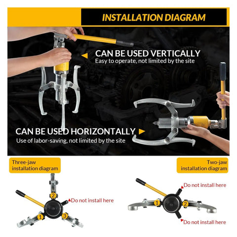Installation diagram for Heavy Duty Hydraulic Gear Puller Plus Wheel Bearing Separator showing vertical and horizontal use.