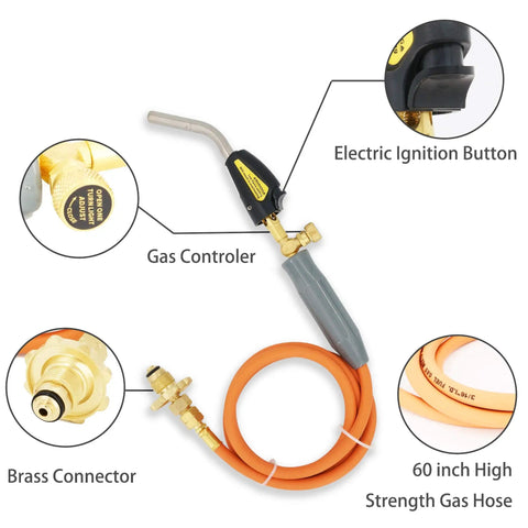 Propane Powered Welding Torch with 20 lb tank, Type 1 OPD valve, stainless steel head, 60 inch hose, electric ignition, brass connector