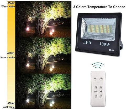 JUDYSSY 100W Led Solar Flood Lights showcasing 3 color temperatures with remote control, IP66 waterproof design.
