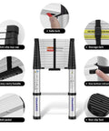 Telescoping Extension Ladder 12.5 Feet With Soft Close Collapsible Design One Button Retraction 330 Lb Capacity features diagram