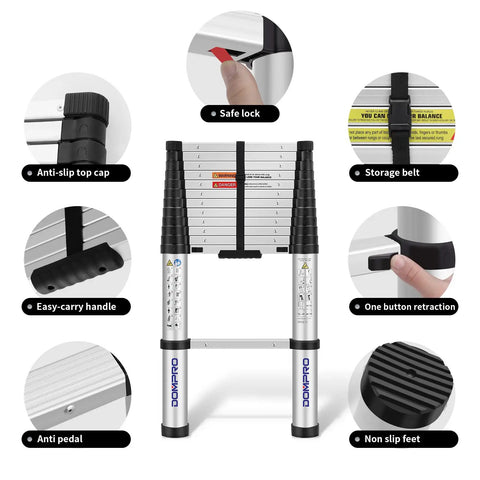Telescoping Extension Ladder 12.5 Feet With Soft Close Collapsible Design One Button Retraction 330 Lb Capacity features diagram