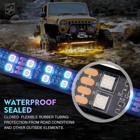 Double Row RGB LED Underglow Light Kit With Bluetooth App Control And Wireless Remote 4 Pack displayed on off-road vehicle