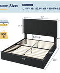 Ultra Legit Comfy Queen Bed Frame With Adjustable Corduroy Headboard And Sleek Black Platform Design For Your Bedroom Glow Up Easy Peasy Setup Solid Build Quality, dimensions and sturdy slats.
