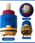 Ceramic Faucet Cartridge Replacement With Single Lever Pressure Balance Low Torque 40mm for sinks, front and top view