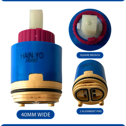 Ceramic Faucet Cartridge Replacement With Single Lever Pressure Balance Low Torque 40mm for sinks, front and top view