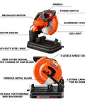 Side view of 14 Inch 3500W Brushless Cold Cut Saw Workhorse for Metalwork, highlighting dry cut feature and aluminum housing.
