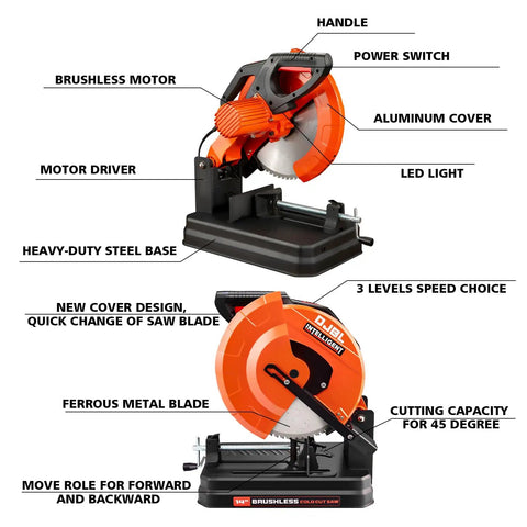 Side view of 14 Inch 3500W Brushless Cold Cut Saw Workhorse for Metalwork, highlighting dry cut feature and aluminum housing.