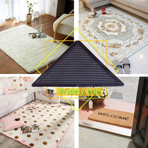 8 Pack Non Slip Rug Tape for Hardwood Floors, Anti Curling Rug Grippers shown on various rugs and surfaces
