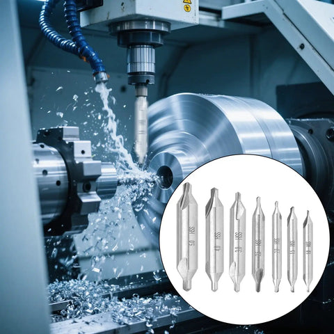 Pro Grade 7 Piece Center Drill Bit Set M2 HSS With 60 Degree Countersink for lathe metal woodworking sizes 1.0-5.0 mm shown with machine