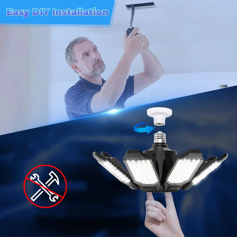 Installation of Crazy Bright 25000LM Garage Light With 8 Flexible Panels And Center Spotlight 6500K LED Bulb in socket