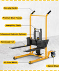 Built Tough Hydraulic Material Lift And Foldable Winch Stacker With Removable Steel Platform features non-slip handle and reinforced fork.