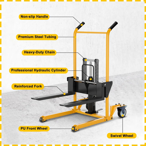 Built Tough Hydraulic Material Lift And Foldable Winch Stacker With Removable Steel Platform features non-slip handle and reinforced fork.