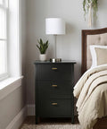 Close-up of Premium Brushed Brass Cabinet Knobs 2 Inch Dresser Pulls Hardware Set 12 Pack on modern black nightstand.