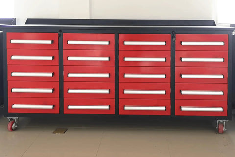 Built Like A Tank 20 Drawer Tool Cabinet With Integrated Workbench And Locking Drawers For Garage Or Shop Featuring Non Slip Pads And Welded Steel Frame, red color.