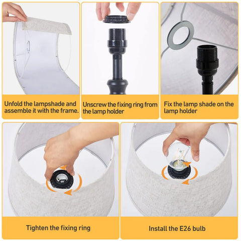 Assembly instructions for Cool Set Of 2 Table Lamps With USB Ports, showing lamp shade installation and bulb fitting process.