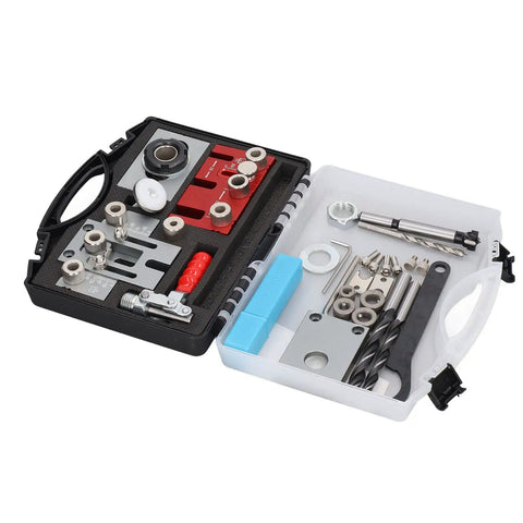 Heavy Duty Aluminum Alloy Dowel Jig Kit With Precision Drill Bits, featuring essential components in an organized case.