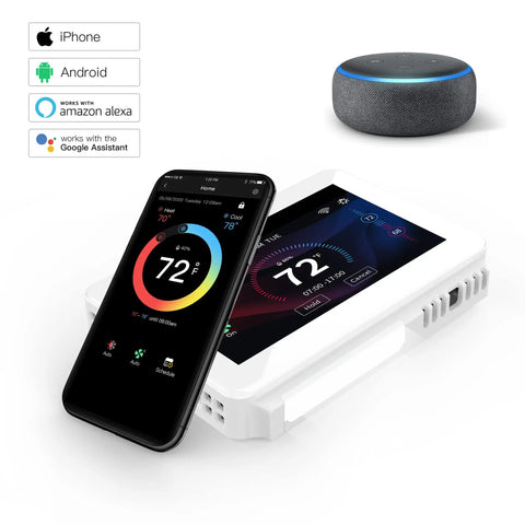 Smart WiFi Thermostat With 7 Day 8 Period Programmable Schedule, Remote From Your Phone Or Laptop, Works With Alexa And Google Assistant, TJ919E 6th Gen displayed with smartphone app and smart speaker