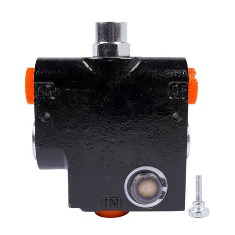 Getanye hydraulic adjustable flow control valve with relief, 1/2 in NPT, black metal body, orange adjustment knobs.
