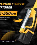 Pro Grade 3/8 Inch Cordless Electric Ratchet Wrench Kit With Variable Speed And 45 Ft Lbs Of Twist Power showing variable speed trigger.