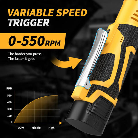 Pro Grade 3/8 Inch Cordless Electric Ratchet Wrench Kit With Variable Speed And 45 Ft Lbs Of Twist Power showing variable speed trigger.