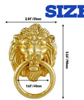 Lion Head Cabinet Pull Handle, gold finish, front view with size dimensions, for Dresser Wardrobe Kitchen Cupboard, durable zinc alloy.