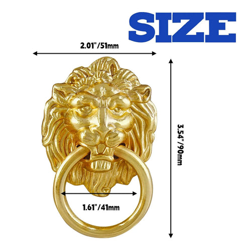 Lion Head Cabinet Pull Handle, gold finish, front view with size dimensions, for Dresser Wardrobe Kitchen Cupboard, durable zinc alloy.