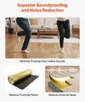 Heavy Duty Three In One Floor Underlayment Two Hundred Sq Ft Roll With Built In Tape And Vapor Barrier Three Mm Thick Epe Foam Gold Coating shown with people dancing on laminate flooring.