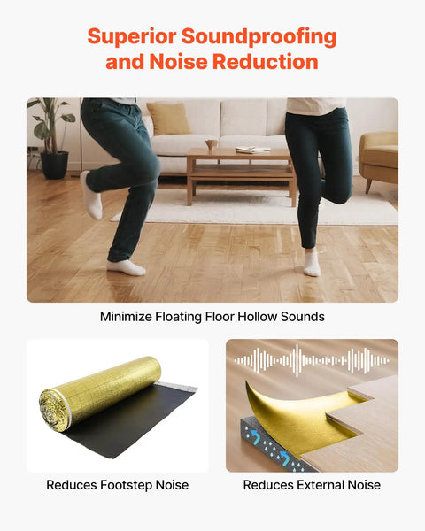 Heavy Duty Three In One Floor Underlayment Two Hundred Sq Ft Roll With Built In Tape And Vapor Barrier Three Mm Thick Epe Foam Gold Coating shown with people dancing on laminate flooring.
