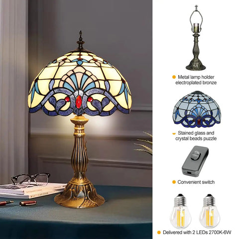 Vintage White Stained Glass Tiffany Style Table Lamp With LED Bulbs Included, 12 Inch Wide Decorative Light on table