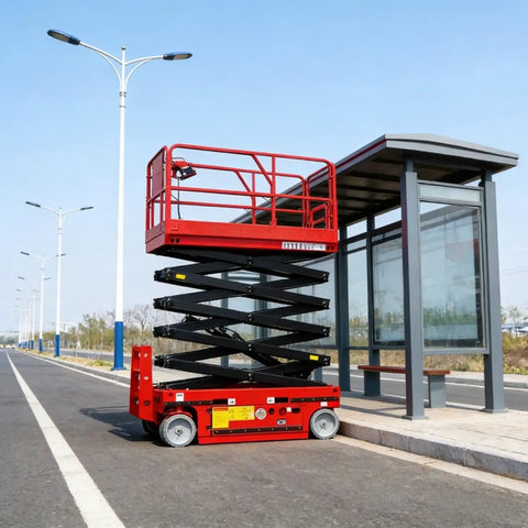 Industrial Scissor Lift Platform For Smooth Cargo Transfer And Equipment Maintenance Hydraulic Lifter Beefed Up As A Smooth Operator That Knocks Out Heavy Loads Daily Without Giving You Much Trouble At All near a bus stop.